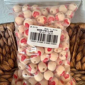 Printed Wood Beads, Round w/ Heart & Word “Love,” 16x15mm, Hole: 4mm, 100ct Pkg